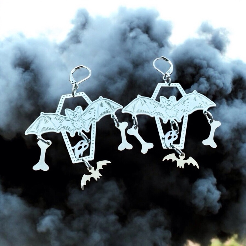 🆕 Coffin, Bats, Bones, Ghosts, Laser Etched Earrings Stainless Steel